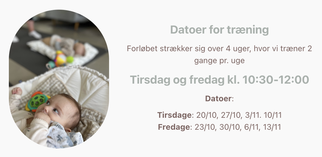 Datoer for træning
Forløbet strækker sig over 4 uger, hvor vi træner 2 gange pr. uge
Tirsdag og fredag kl. 10:30-12:00
Datoer:
Tirsdage: 20/10, 27/10, 3/11. 10/11
Fredage: 23/10, 30/10, 6/11, 13/11
